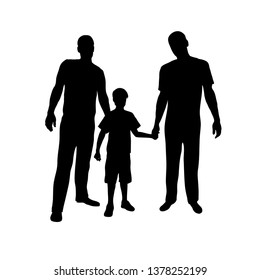 Silhouette gay couple with child. Silhouettes of gay family isolated on white background. Vector illustration