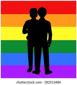 Silhouette Gay couple hugging with rainbow flag on background vector