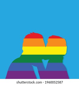 silhouette of gay couple kissing with lgbt flag colors on light blue background