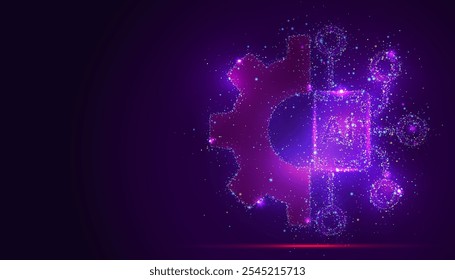 Silhouette of a gear with a brain shape inside, made of glowing, multicolored dots, resembling stars. The vibrant particles represent intelligence, technology, and the mechanics of AI innovation.