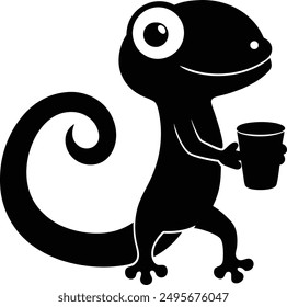 A silhouette of gecko or lizard stand with a mug