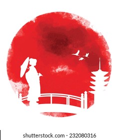 Silhouette of Geisha holding umbrella on the bridge with pagoda and cranes flying on watercolor paint stain