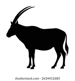 Silhouette of a gemsbok standing with its long horns visible against a white background image view