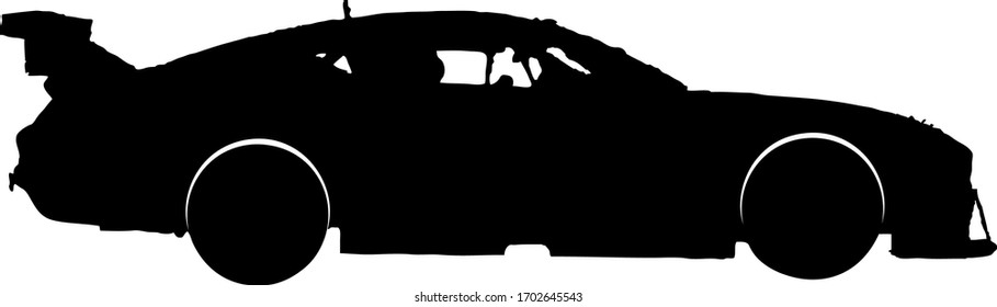 Silhouette of generic racing car profile, wing and spoiler, sedan hard top.