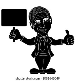 Silhouette of gentleman with empty plaque in his hand, stencil cartoon vector illustration
