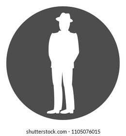 Silhouette of gentleman in suit and hat. Vector icon