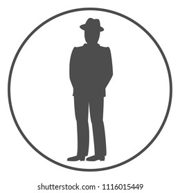 Silhouette of gentleman in suit and hat. Vector icon