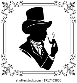 The silhouette of a gentleman in a top hat with a smoking pipe.