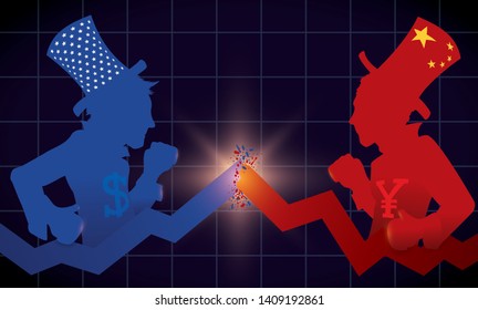 Silhouette of gentleman with top hats fighting over economic statistics bars due Trade War: U.S.A. vs China.