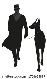Silhouette of gentleman wearing top hat, and retro style clothes, walking a big dog