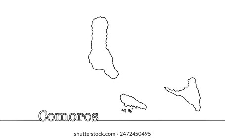 Silhouette of the geographical boundaries of the Comoros Islands. Line drawn archipelago in the Indian Ocean. Simple vector map of the islands.
