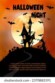 Silhouette ghost castle in Halloween atmosphere with giant moon and Halloween wording on orange background. Halloween greeting card in vector design.