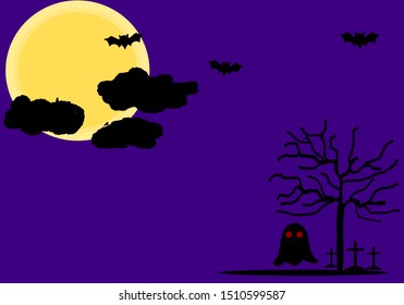 Silhouette of ghost, dead tree, bats and tombs with bright full moon. Halloween vector