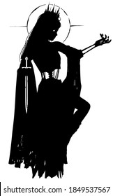 The silhouette of a ghost girl in a black torn dress, her bones show through in places, she holds a dagger with one hand and looks at a butterfly on the other. 2D illustration.
