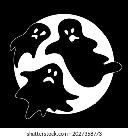 Silhouette of ghosts under full moon. Halloween black sticker.