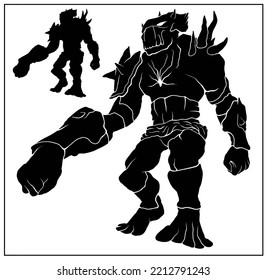 Silhouette of a giant in armor with spikes on his shoulder in full growth without background. A fantasy character, huge monster in a mask with a long arm in motion, 2d vector illustration.