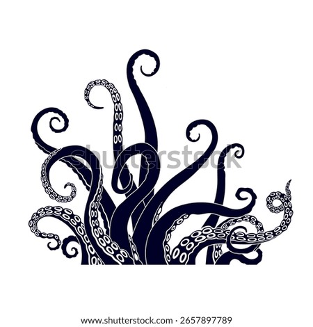 Silhouette of giant octopus tentacles. Isolated black drawing of kraken. Legendary underwater sea monster. Fantasy ocean beast. Vector illustration