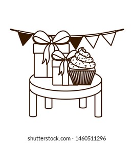 silhouette of gift box and cake on white background