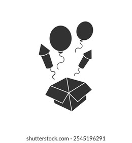Silhouette gift box surprise vector. Firework rockets, balloon, and box on white background. New years concept.