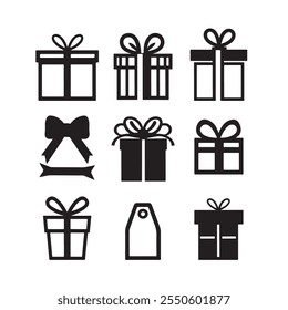 silhouette gift boxes set, present boxes icons sets, Christmas gift boxes, Gift boxes with ribbon icons Set, vector illustration, collection gift  vector icons, vector symbol, silhouette,