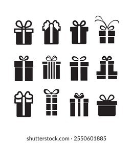 silhouette gift boxes set, present boxes icons sets, Christmas gift boxes, Gift boxes with ribbon icons Set, vector illustration, collection gift  vector icons, vector symbol, silhouette,