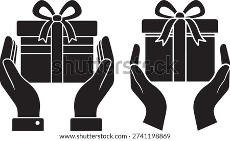 Silhouette of gift in hand. Concept of giving and receiving present for holiday design.