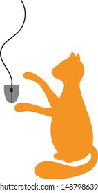 Silhouette of a ginger (orange) cat playing with a gray computer mouse, vector graphics, vector illustration