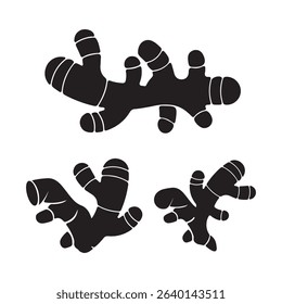 Silhouette Ginger Root Set, Black Herbal Spice Icon Illustration on White Background, Kitchen Decor, Organic Cooking Ingredient, Natural Health Remedy, Asian Cuisine Clipart, Vector Isolated