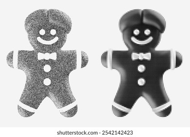 Silhouette gingerbread man in monochrome halftone or grainy stippling style. Set retro graphic element with photocopy grunge effects. Pop art vector illustration.