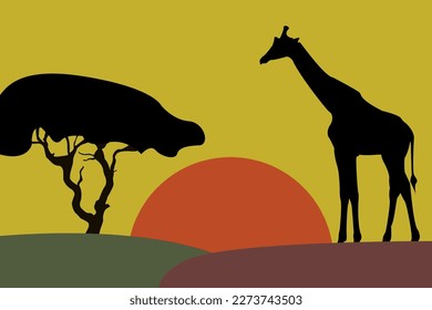 The silhouette of a giraffe and an acacia tree. Giraffe on the background of sunset. Minimalism