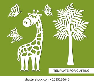 Silhouette Of Giraffe, Butterflies And Tree. Decor For Children's Room. White Cartoon Characters On A Green Background. Template For Laser Cutting, Wood Carving Or Paper Cut. Vector Illustration.