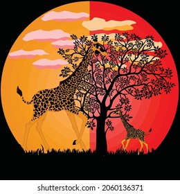 silhouette of a giraffe with its cubs in the wilderness, vector scenery in the desert with giraffes, orange and red background, vector desert landscape