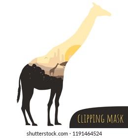 Silhouette of the giraffe. Double exposure. Illustration with a clipping mask