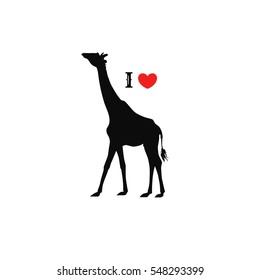 Silhouette of a giraffe on a white background. Isolated element. I love giraffes. It can be used for printing on t-shirts or ideas for tattoos.