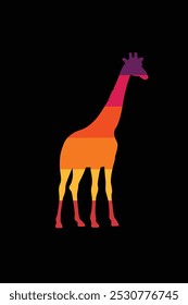 The silhouette of a giraffe in a retro sunset. Original vector illustration in vintage style isolated on black background. Hand drawn, not AI