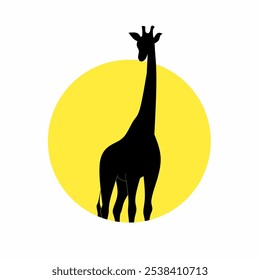 The silhouette of a giraffe stands majestically in front of a bright yellow circle. Minimalist animal design, suitable for visuals with wildlife, safari or nature themes. Giraffe logo icon