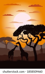 Silhouette von Giraffen der afrikanischen Savanne. Landschaft. Afrika. Farbige Vektorgrafik. Tierwelt.