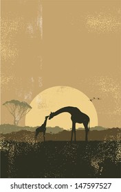 Silhouette von Giraffen bei Sonnenuntergang, Vektorgrafik