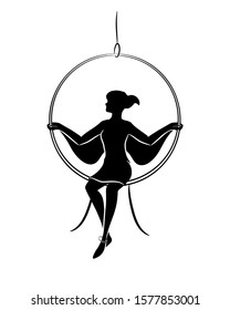 Silhouette of a girl acrobat sitting gracefully on a circus ring hanging from the top. There's something bird-like in her figure. Isolated vector object. Decorative element for posters, prints etc.