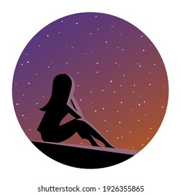 Silhouette of a girl against the background of a beautiful night sky with stars. Sits and reflects. Vector cartoon illustration. Round background