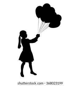 Silhouette of a girl with air balloons. Vector illustration isolated on white background