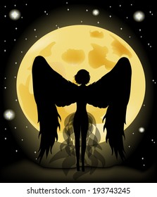 silhouette of a girl angel on moon background 