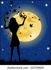 Silhouette of girl with autumn leaves on the background of the night sky and the full moon