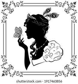 The silhouette of a girl in a ball gown, catches a butterfly