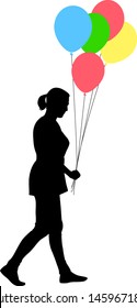 Silhouette of a girl with balloons in hand on a white background
