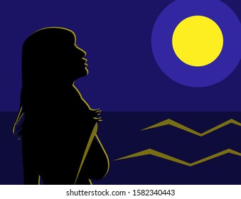 Silhouette of a girl in a bathing suit against the sea and the moon