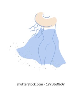 silhouette of a girl in a beach hat with developing hair view from the back against a background of abstract spots of light blue and pink on a white background