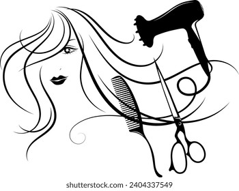 Silhouette of a girl with beautiful curls of hair and scissors comb hairdryer