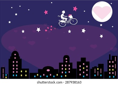 silhouette of girl bicycle on sky following dream of love with blurry moon and city background