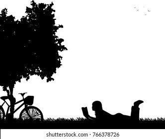 Silhouette of girl with bike reading a book under the tree, one in the series of similar images
